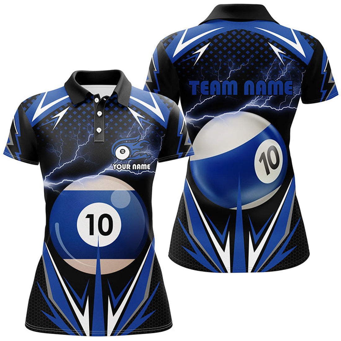 Custom Personalized Thunder Blue 10 Ball Billiard 3D Polo Shirts For Women, Custom 10 Ball Billiard Jerseys