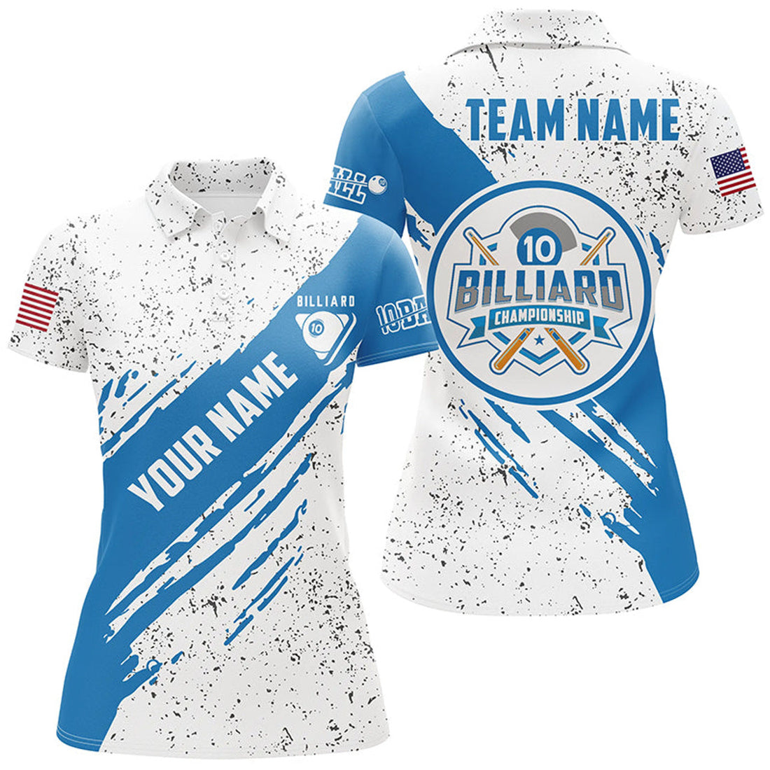 Custom Personalized US Flag 10 Ball Billiard Polo Shirts For Women, Blue Black Grunge 10 Ball Pool Jerseys