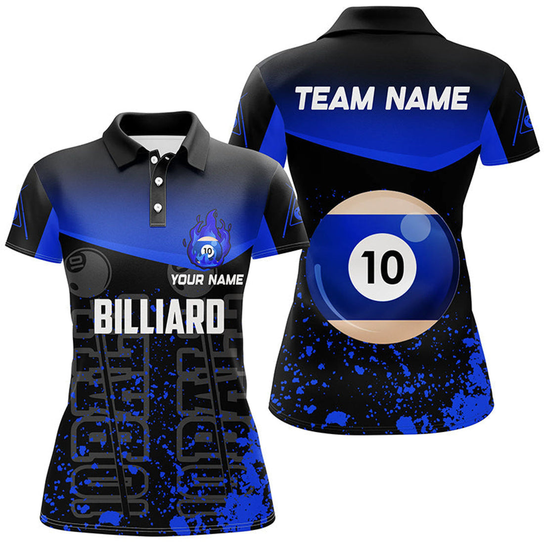 Custom Personalized Splash Blue 10 Ball Billiard 3D Polo Shirts For Women, Fire 10 Ball Pool Team Jerseys