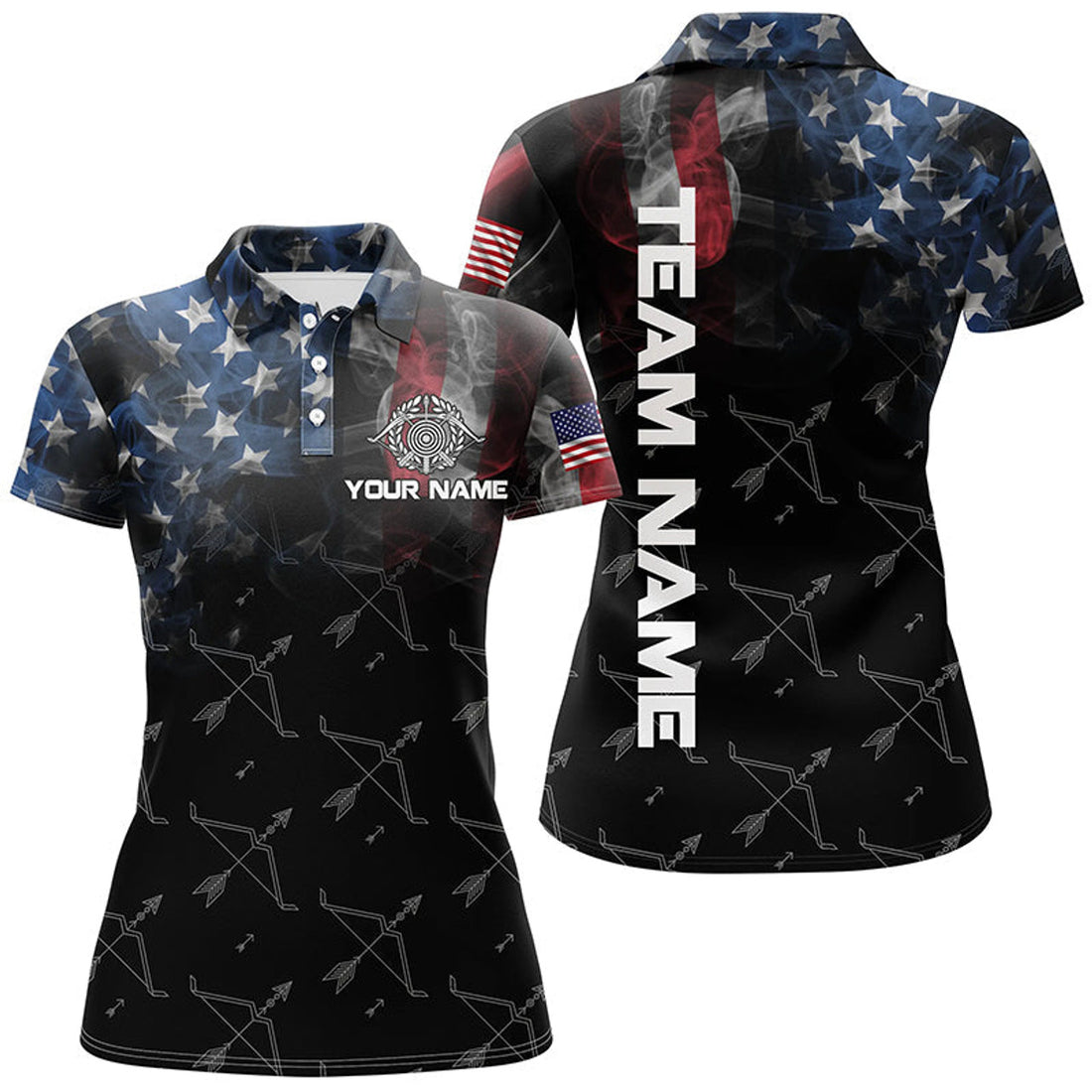 Custom Personalized Vintage Smoke US Flag Archery 3D Polo Shirts For Women, Archery Bows Pattern Jerseys
