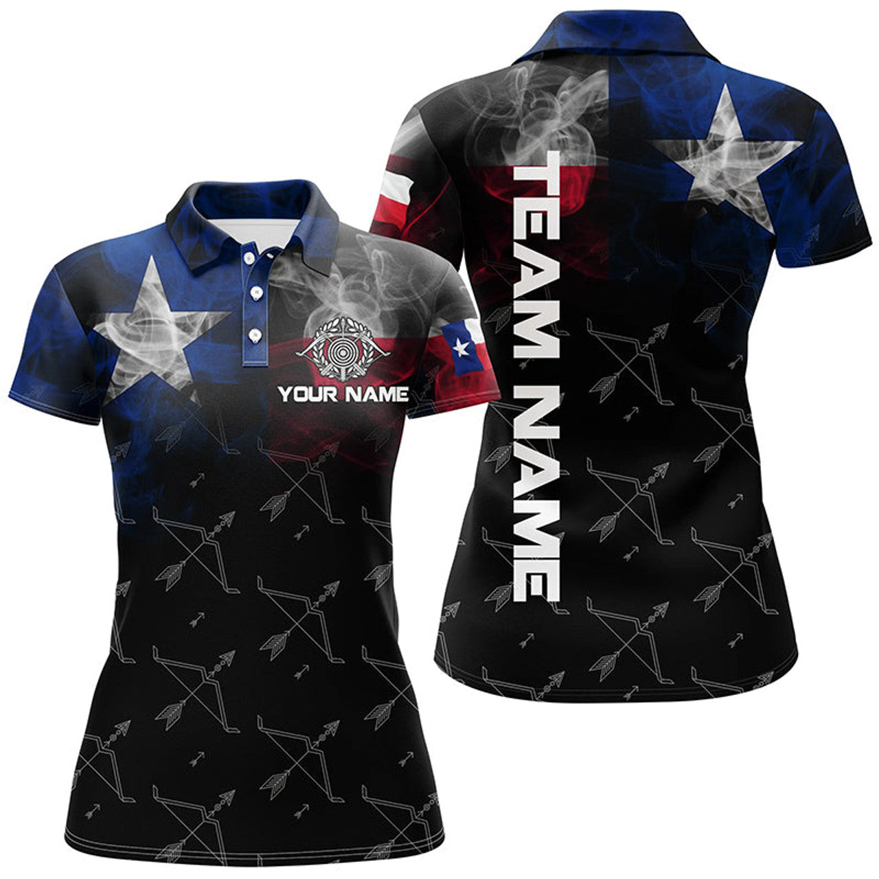 Custom Personalized Vintage Smoke Texas Flag Archery Polo Shirts For Women, Archery Bows Pattern Jerseys
