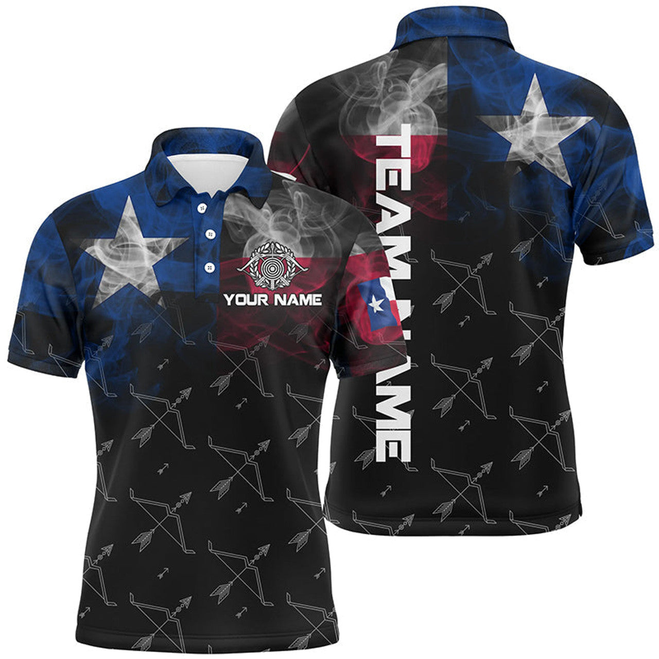 Personalized Vintage Smoke Texas Flag Archery Polo Shirts For Men, Archery Bows Pattern Jerseys