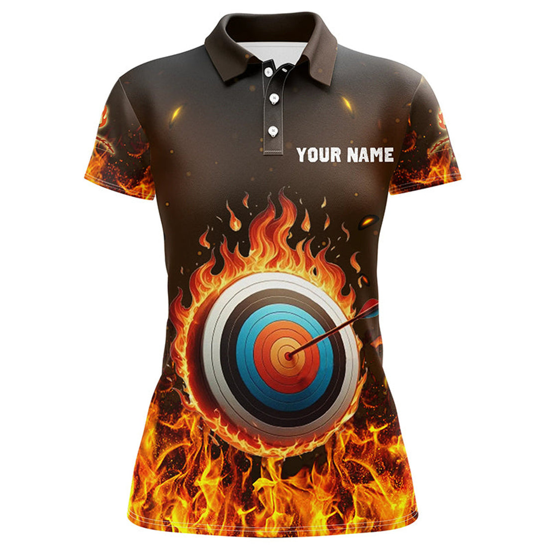 Custom Personalized Fire Target Archery 3D Polo Shirts For Women, Custom Flaming Archery Bow Arrow Jerseys