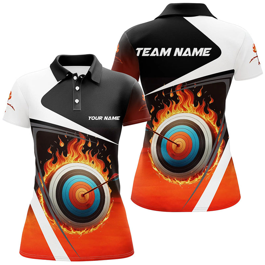 Custom Personalized Flaming Target Archery 3D Polo Shirts For Women, Fire Bow And Arrow Archery Team Shirts