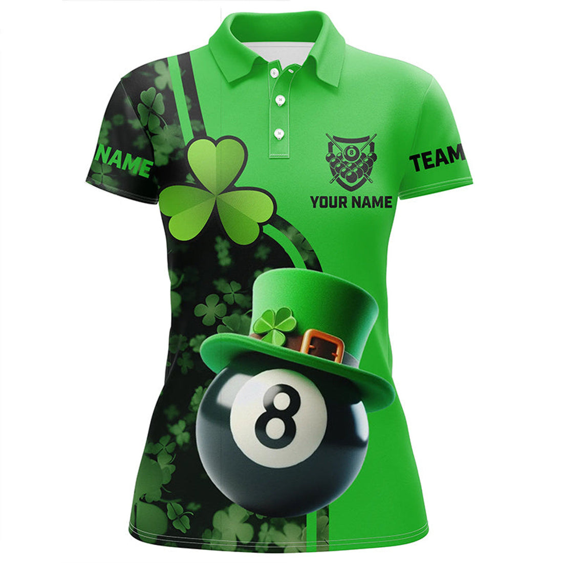 Custom Personalized St Patrick's Day Billiard 8 Ball 3D Polo Shirts For Women, Shamrock Billiard Jerseys