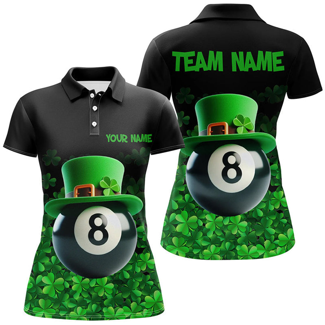 Custom Personalized St Patrick's Day 8 Ball Pool 3D Polo Shirts For Women, Shamrock Billiard Team Jerseys