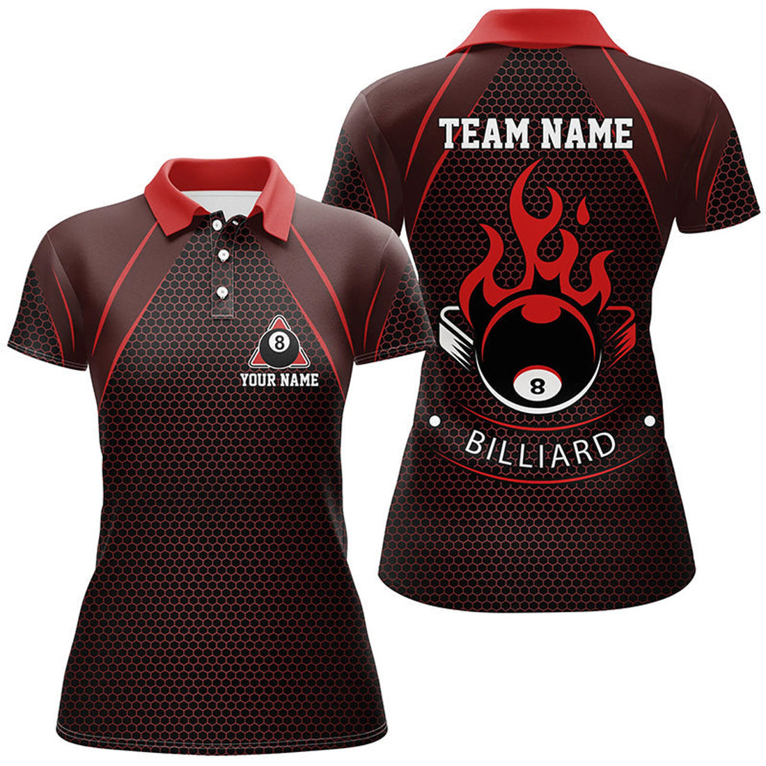 Custom Personalized Red Fire 8 Ball Pool Polo Shirts For Women, Custom Flame 8 Ball Billiard Team Shirts