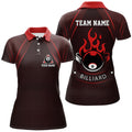 Custom Personalized Red Fire 8 Ball Pool Polo Shirts For Women, Custom Flame 8 Ball Billiard Team Shirts