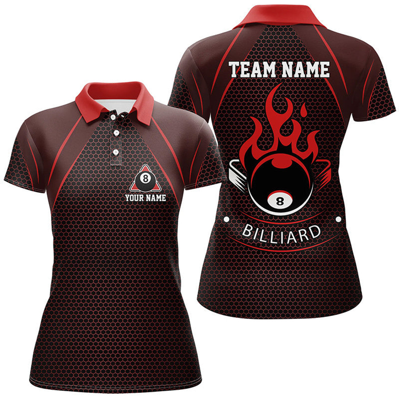 Custom Personalized Red Fire 8 Ball Pool Polo Shirts For Women, Custom Flame 8 Ball Billiard Team Shirts
