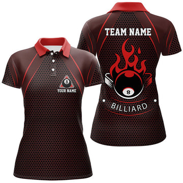 Custom Personalized Red Fire 8 Ball Pool Polo Shirts For Women, Custom Flame 8 Ball Billiard Team Shirts