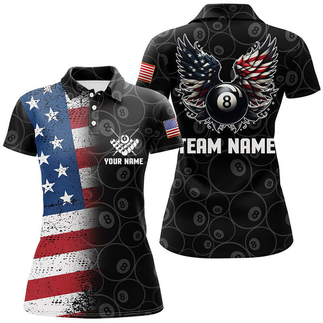 Custom Personalized US Flag 8 Ball Billiard 3D Polo Shirts For Women, Funny Billiard 8 Ball Wings Jerseys