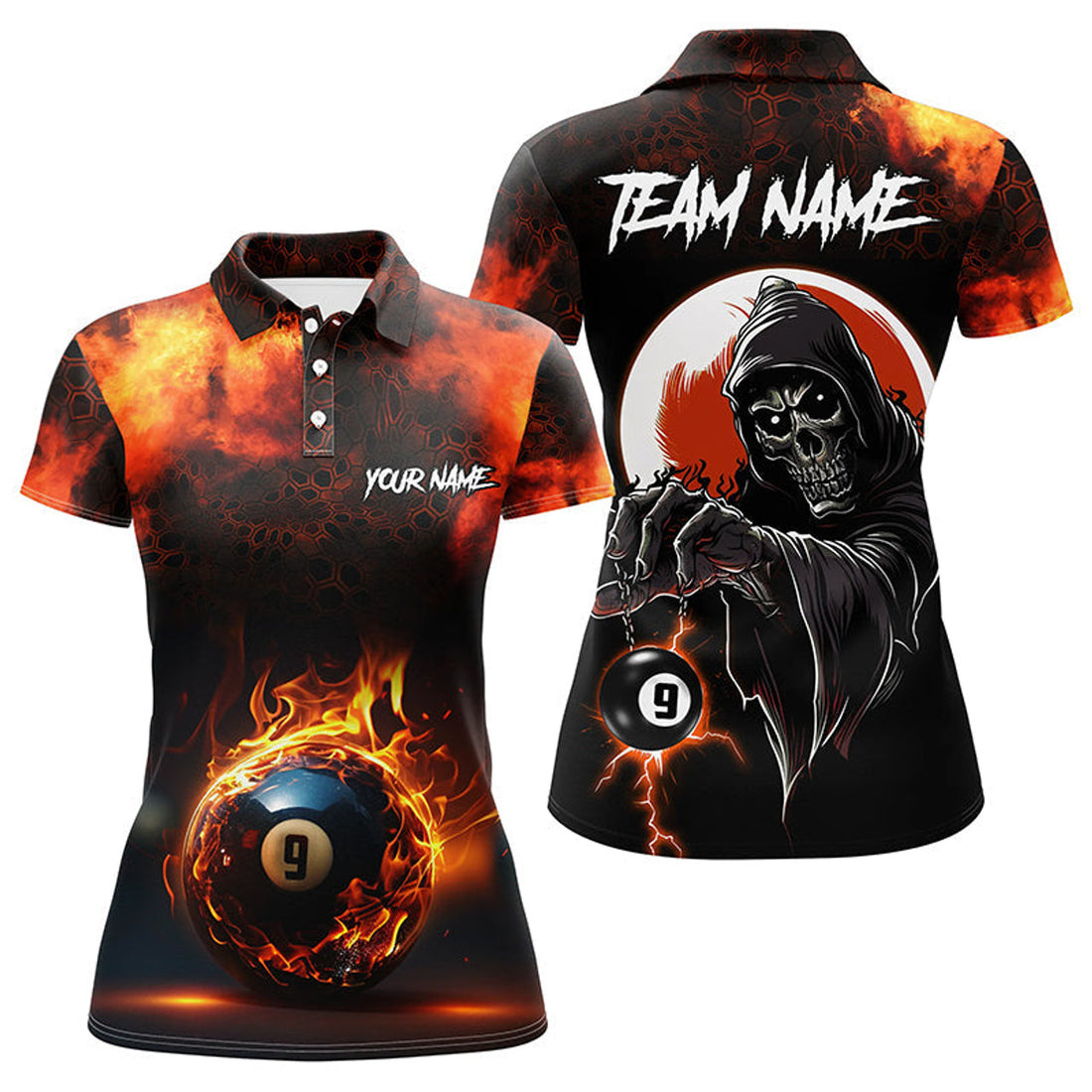 Custom Personalized Flame 9 Ball Pool Billiard Polo Shirts For Women Custom Skull Billiard Team Shirts
