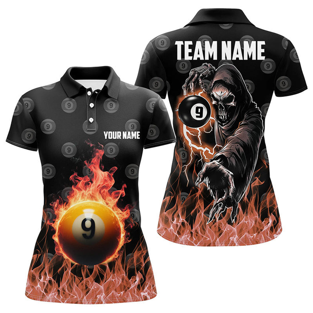 Custom Personalized Flame 9 Ball Pool Pattern Billiard Polo Shirts For Women Custom Skull Billiard Shirts