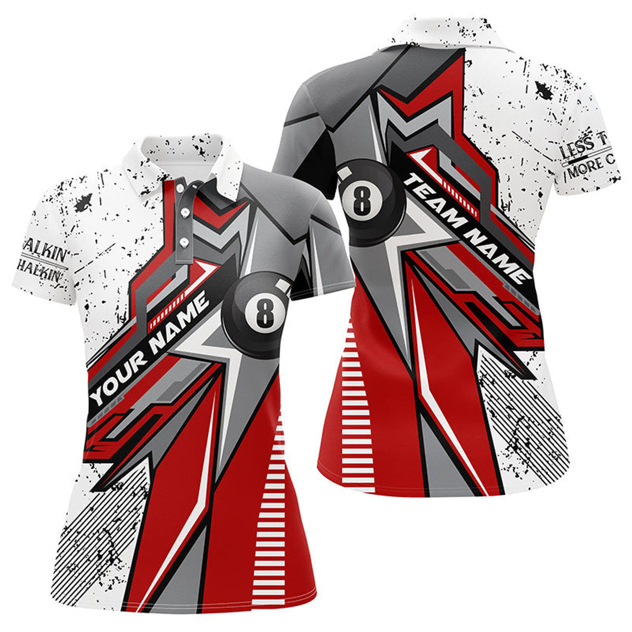 Custom Personalized Red White Grunge 8 Ball Billiards Polo Shirts For Women Custom Billiard Team Shirts