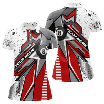 Custom Personalized Red White Grunge 8 Ball Billiards Polo Shirts For Women Custom Billiard Team Shirts