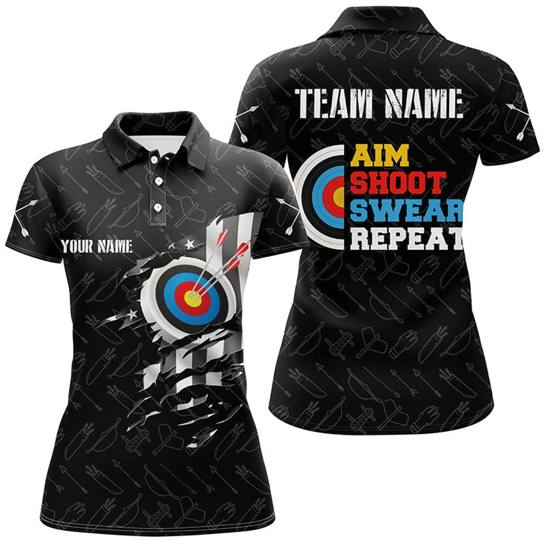 Custom Personalized Aim Shoot Swear Repeat Archery Polo Shirts For Women Custom US Flag Arrow Archery Shirts