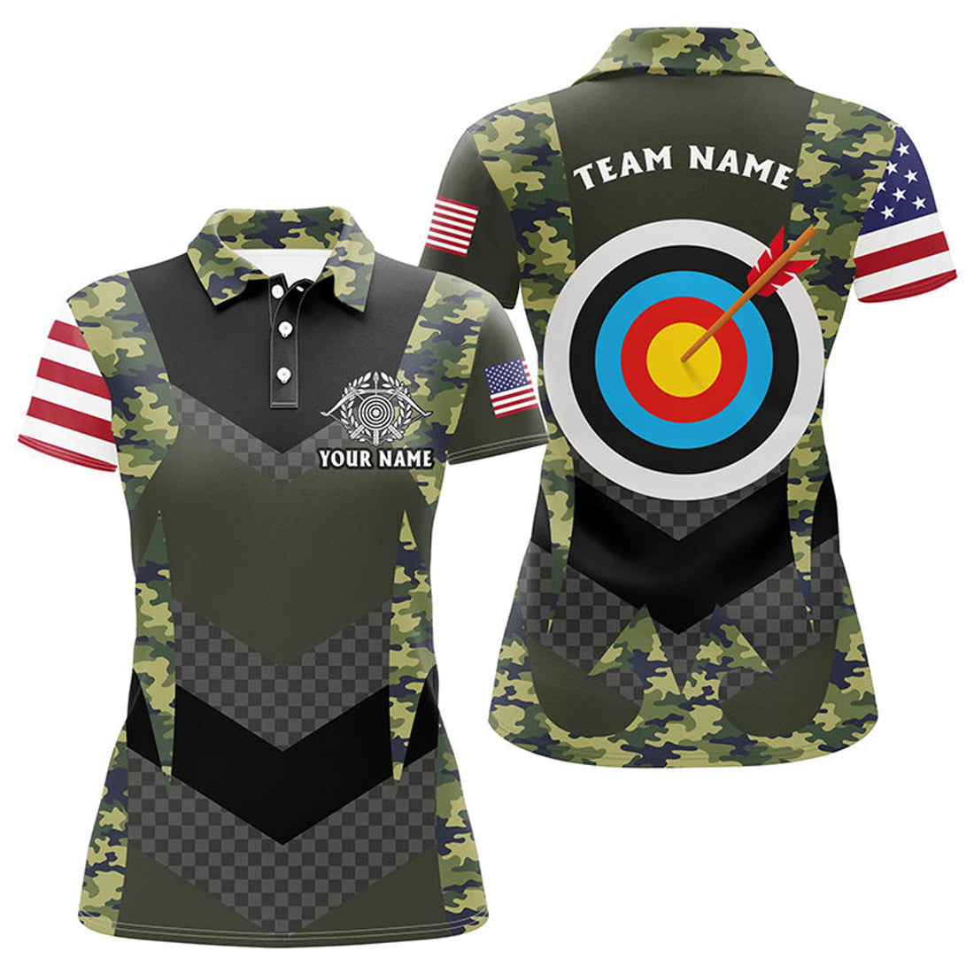 Custom Personalized US Flag Camouflage Target Archery 3D Polo Shirts For Women, Custom Archery Team Jerseys