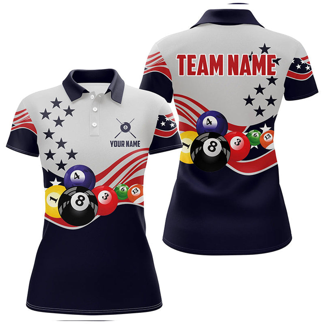 Custom Personalized American Flag Billiard Style 3D Polo Shirts For Women, Custom 8 Ball Pool Team Jerseys