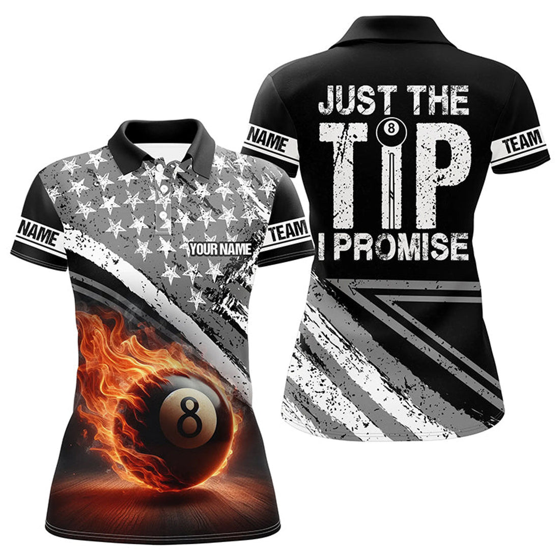 Custom Personalized US Flag 8 Ball Pool 3D Polo Shirts For Women, Just The Tip I Promise Billiard Jerseys