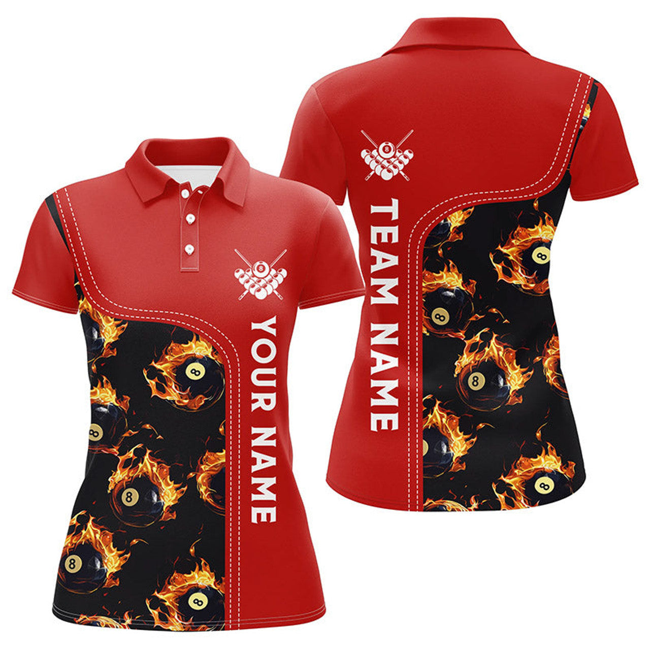 Custom Personalized Flame Red 8 Ball Pool Polo Shirts Custom Billiard Shirts For Women Billiard Team Jerseys