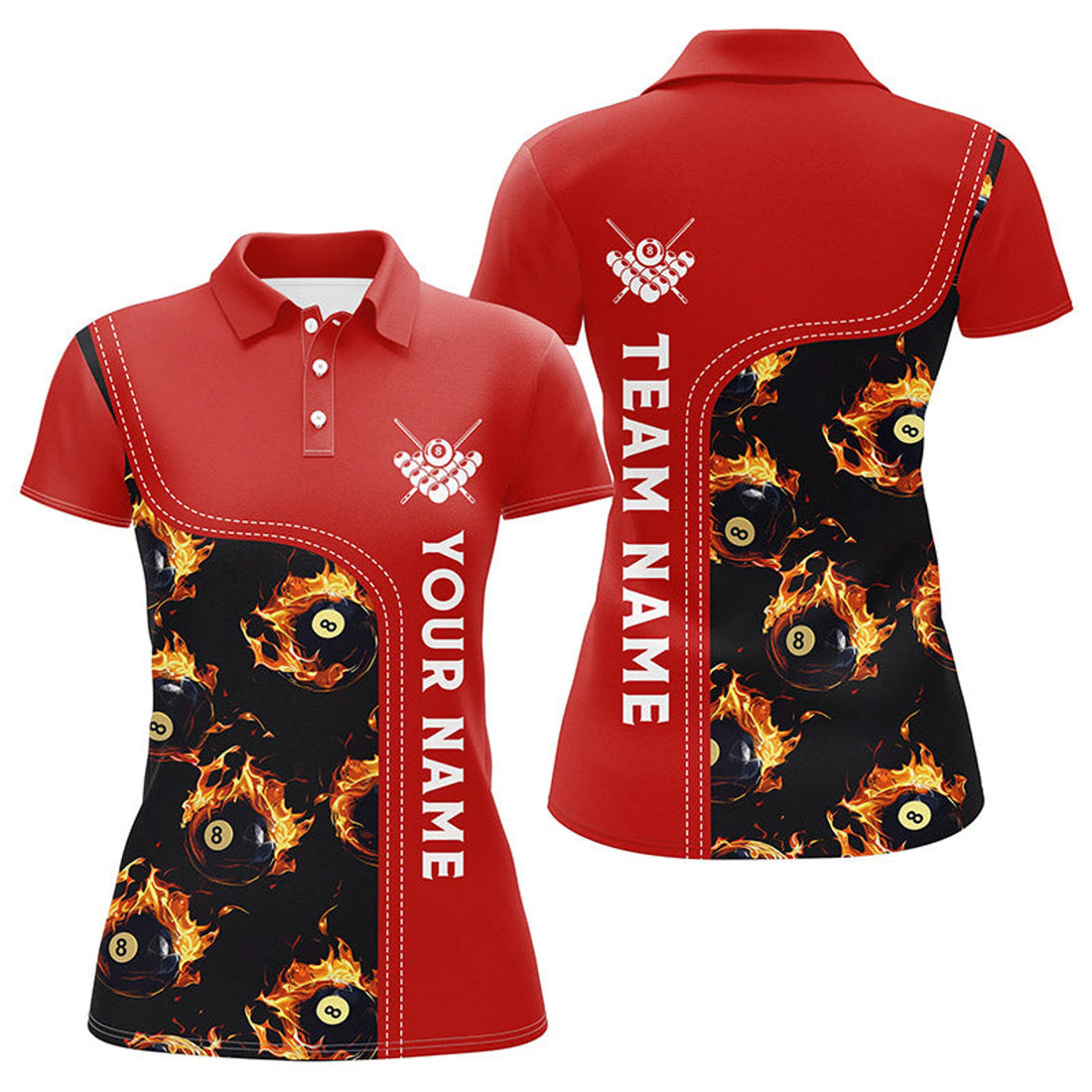 Custom Personalized Flame Red 8 Ball Pool Polo Shirts Custom Billiard Shirts For Women Billiard Team Jerseys
