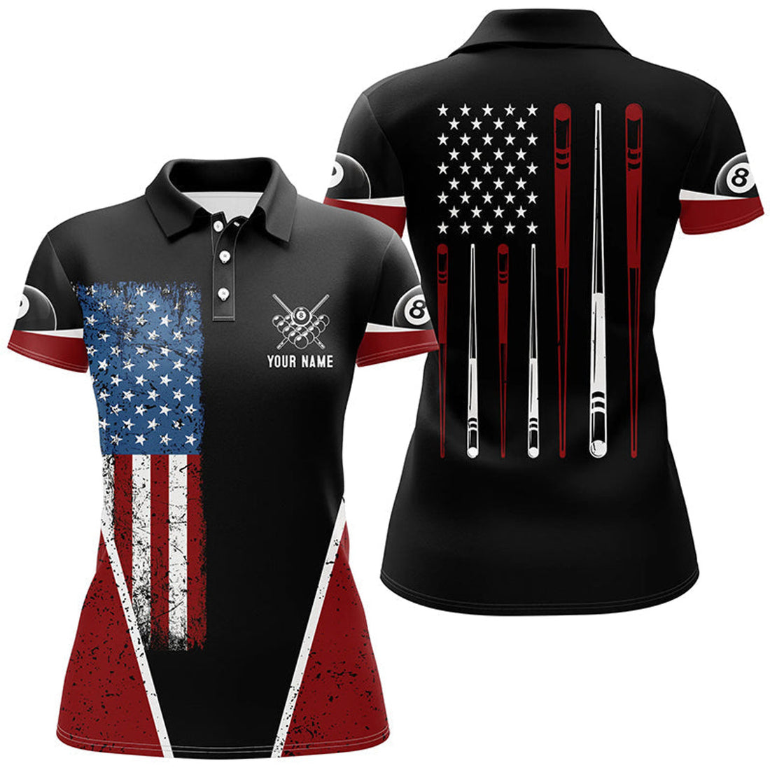 Custom Personalized US Flag 8 Ball Pool Polo Shirts For Women, Custom American Flag Sticks Billiard Shirts