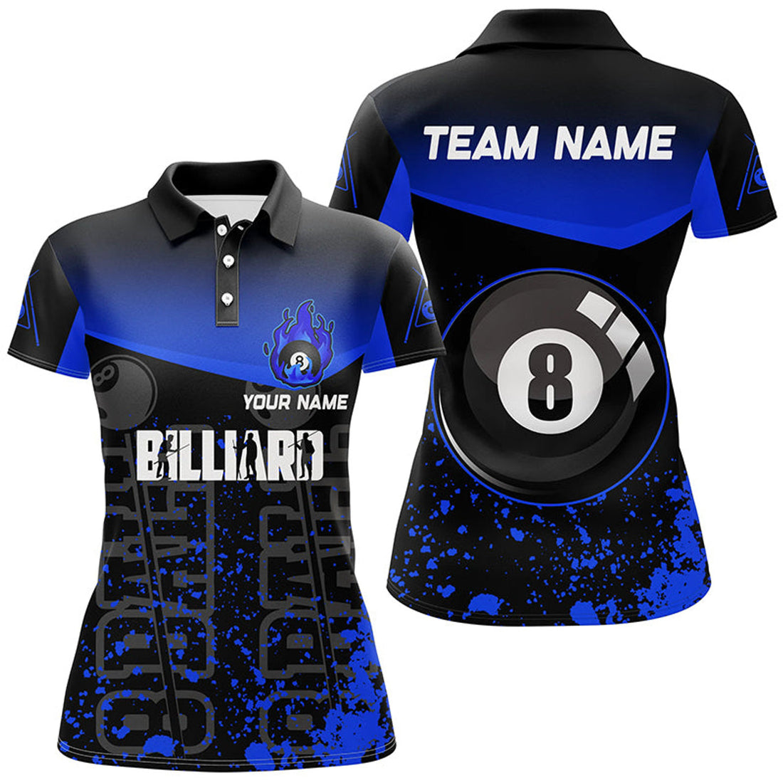 Custom Personalized Blue Fire 8 Ball Pool Billiard Polo Shirts For Women, Custom 8 Ball Billiard Team Shirts