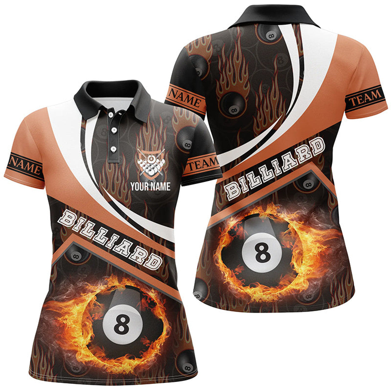 Custom Billiard Balls Fire Flame Orange Style Custom Billiard Polo Shirts For Women, Billiards Women Shirts