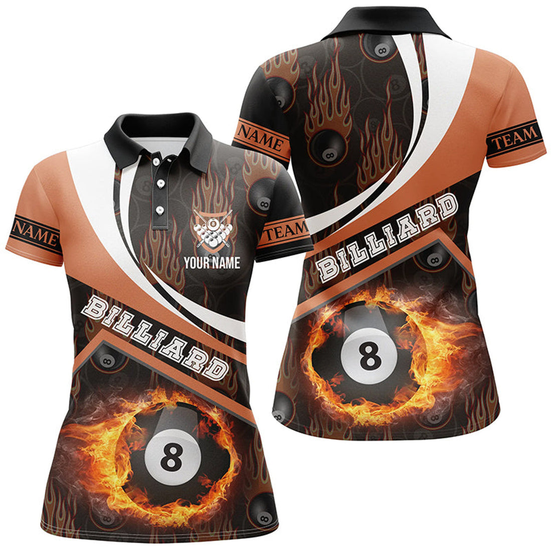 Custom Billiard Balls Fire Flame Orange Style Custom Billiard Polo Shirts For Women, Billiards Women Shirts
