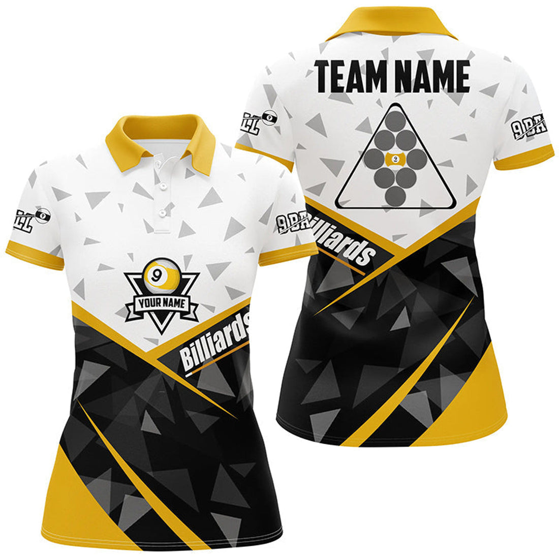 Custom Personalized White Yellow 9 Ball Pool Polo Shirts For Women, Custom Billiard Balls 9 Ball Team Shirts