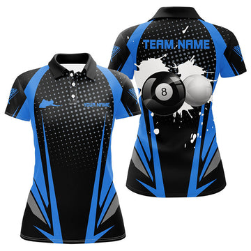 Custom Personalized Paint Billiard Balls Black Blue 3D Polo Shirts For Women, 8 Ball Billiards Jerseys