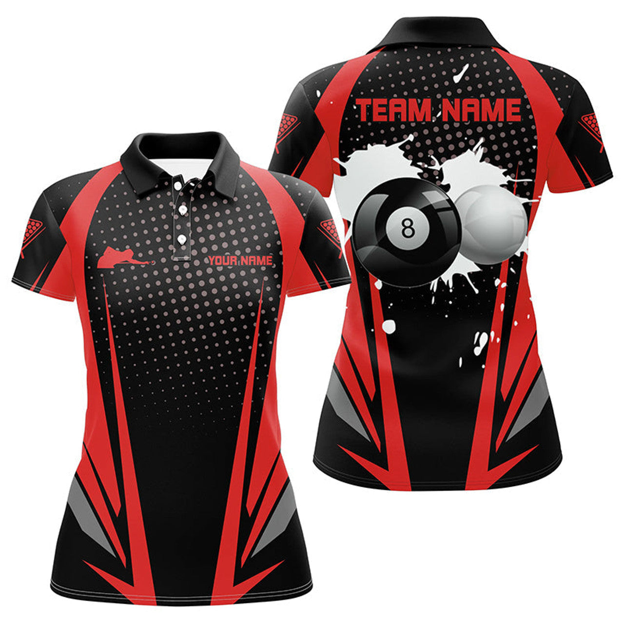 Custom Personalized Paint Billiard Balls Black Red 3D Polo Shirts For Women, Custom 8 Ball Billiards Jerseys