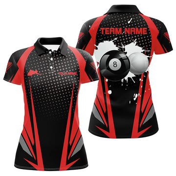 Custom Personalized Paint Billiard Balls Black Red 3D Polo Shirts For Women, Custom 8 Ball Billiards Jerseys