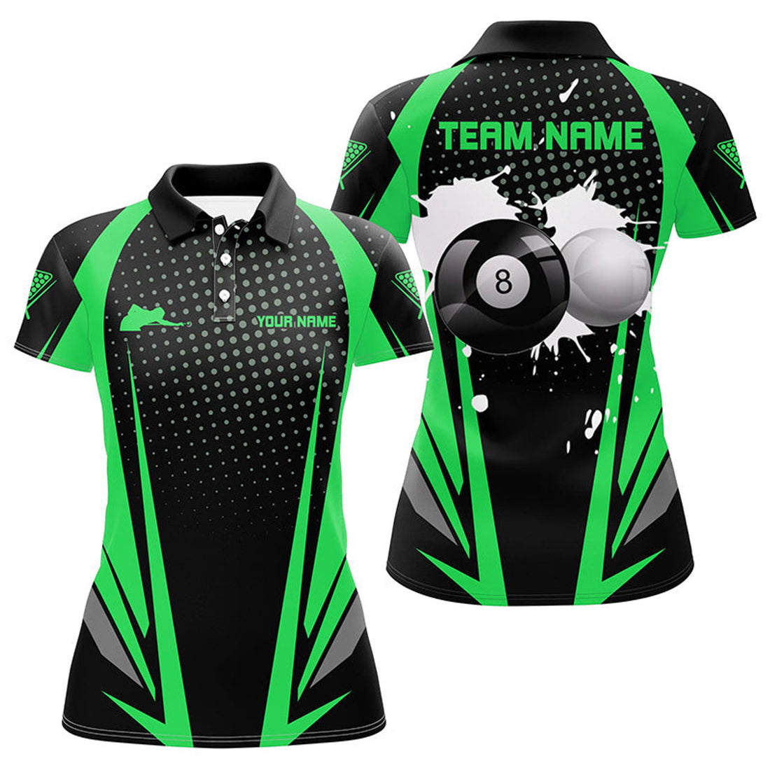 Custom Personalized Paint Billiard Balls Black Green 3D Polo Shirts For Women, 8 Ball Billiards Jerseys