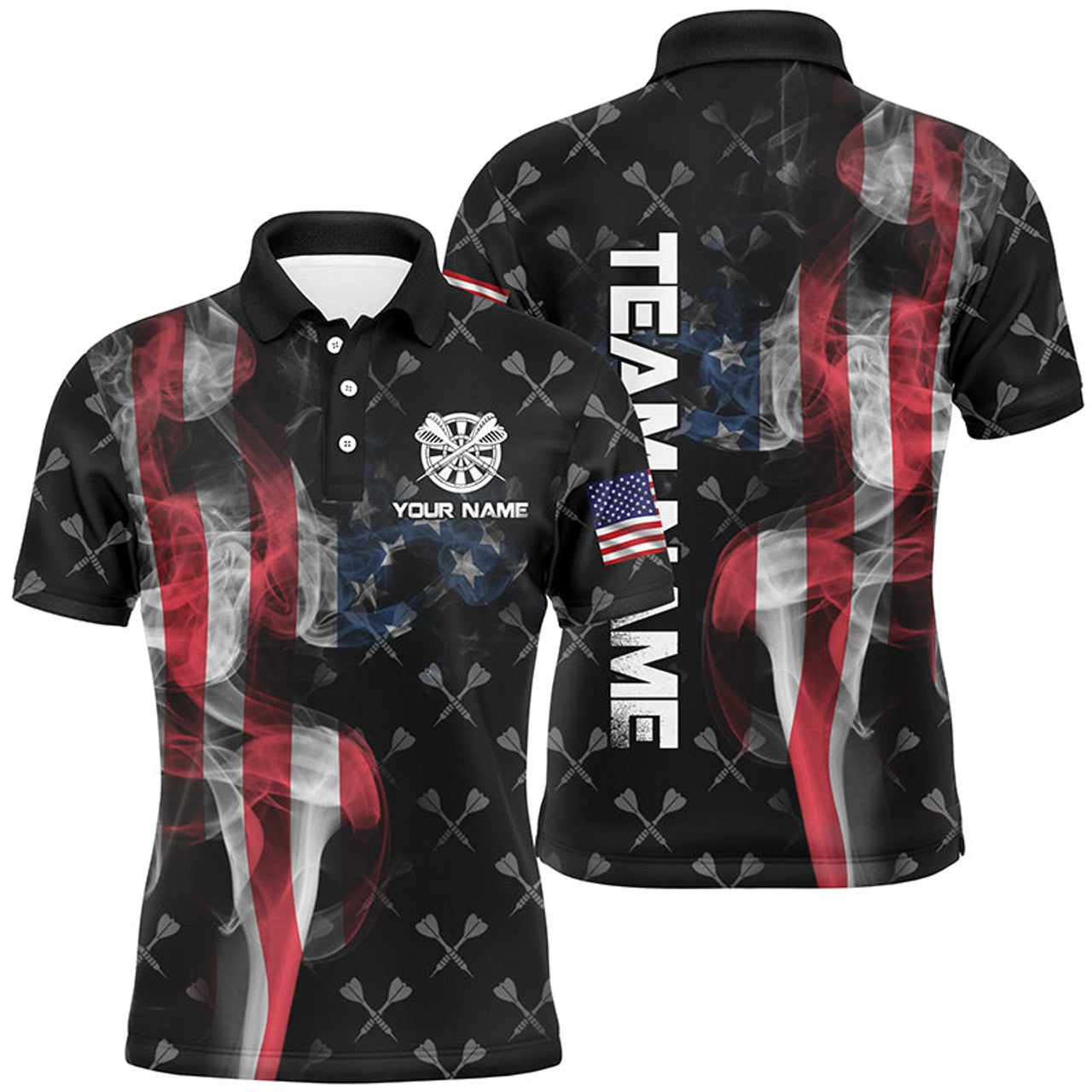 FUNSTUFFPRINT Personalized Smoke US Flag Dart Polo Shirts, Custom Patriotic Darts Shirts For Men Dart Jerseys Polo Shirt Size S-5XL