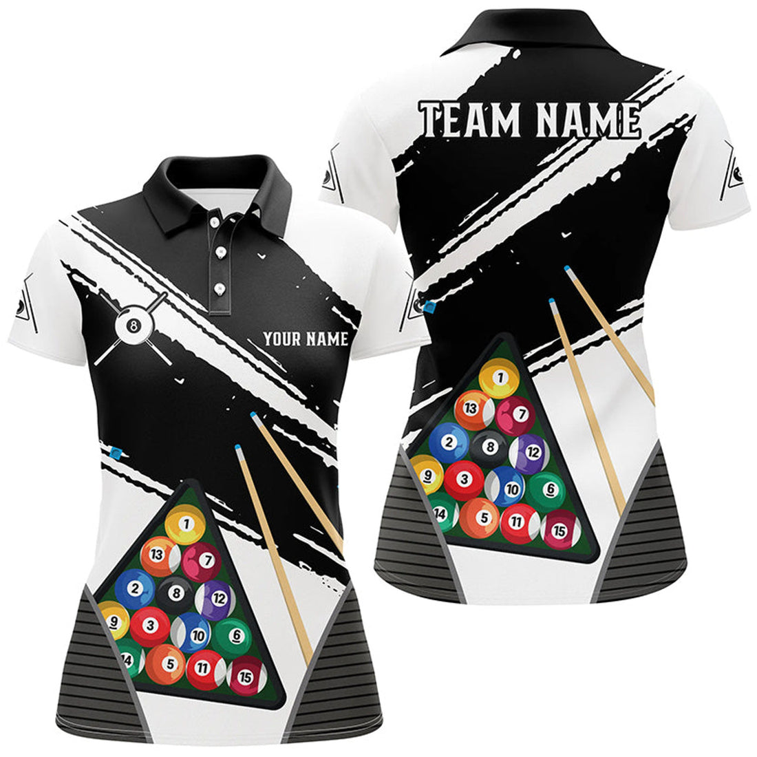 Custom Personalized White Black Billiard Balls Polo Shirts For Women, Custom Billiard 8 Ball Team Jerseys