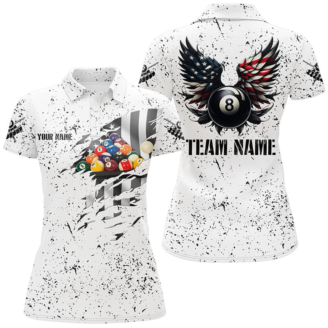 Custom Personalized US Flag Billiard Balls 3D Polo Shirts For Women, White Billiard 8 Ball Wings Jerseys