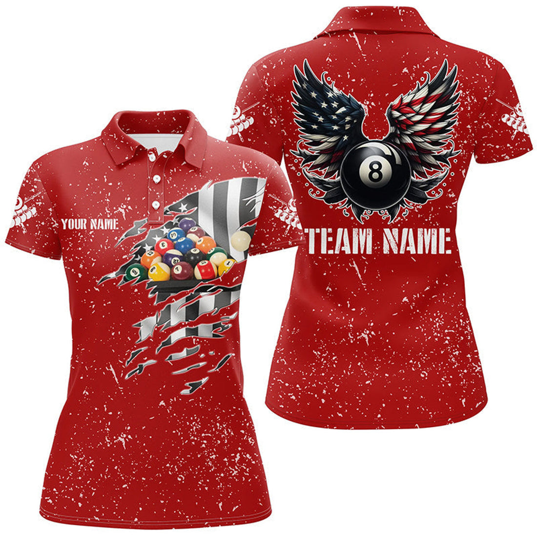 Custom Personalized US Flag Billiard Balls 3D Polo Shirts For Women, Red Billiard 8 Ball Wings Jerseys