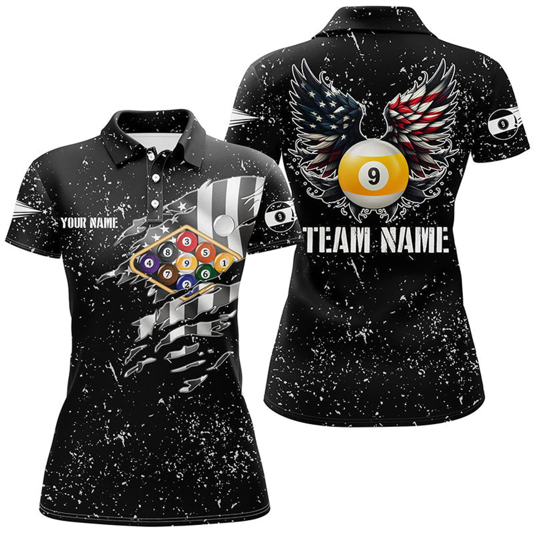 Custom Personalized US Flag Billiard Balls 3D Polo Shirts For Women, Funny Billiard 9 Ball Wings Jerseys