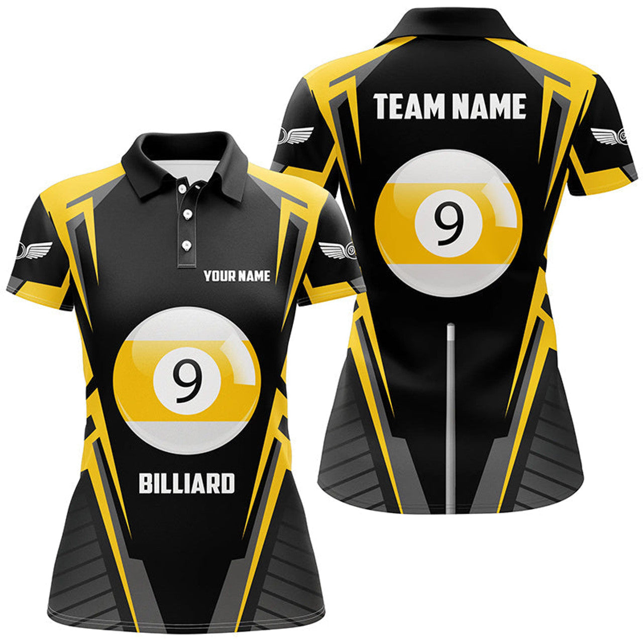 Custom Personalized Black Yellow 9 Ball Pool Polo Shirts For Women, Custom 9 Ball Pool Billiards Team Shirts