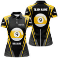 Custom Personalized Black Yellow 9 Ball Pool Polo Shirts For Women, Custom 9 Ball Pool Billiards Team Shirts