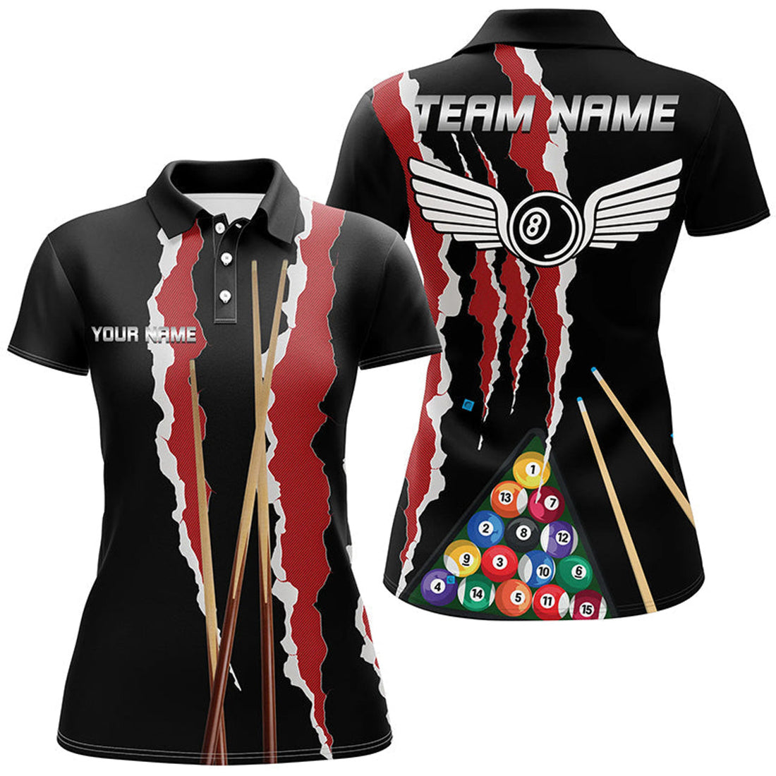 Custom Personalized Red Black Sticks Billiard 8 Ball Polo Shirts For Women, Custom Billiard Balls Jerseys