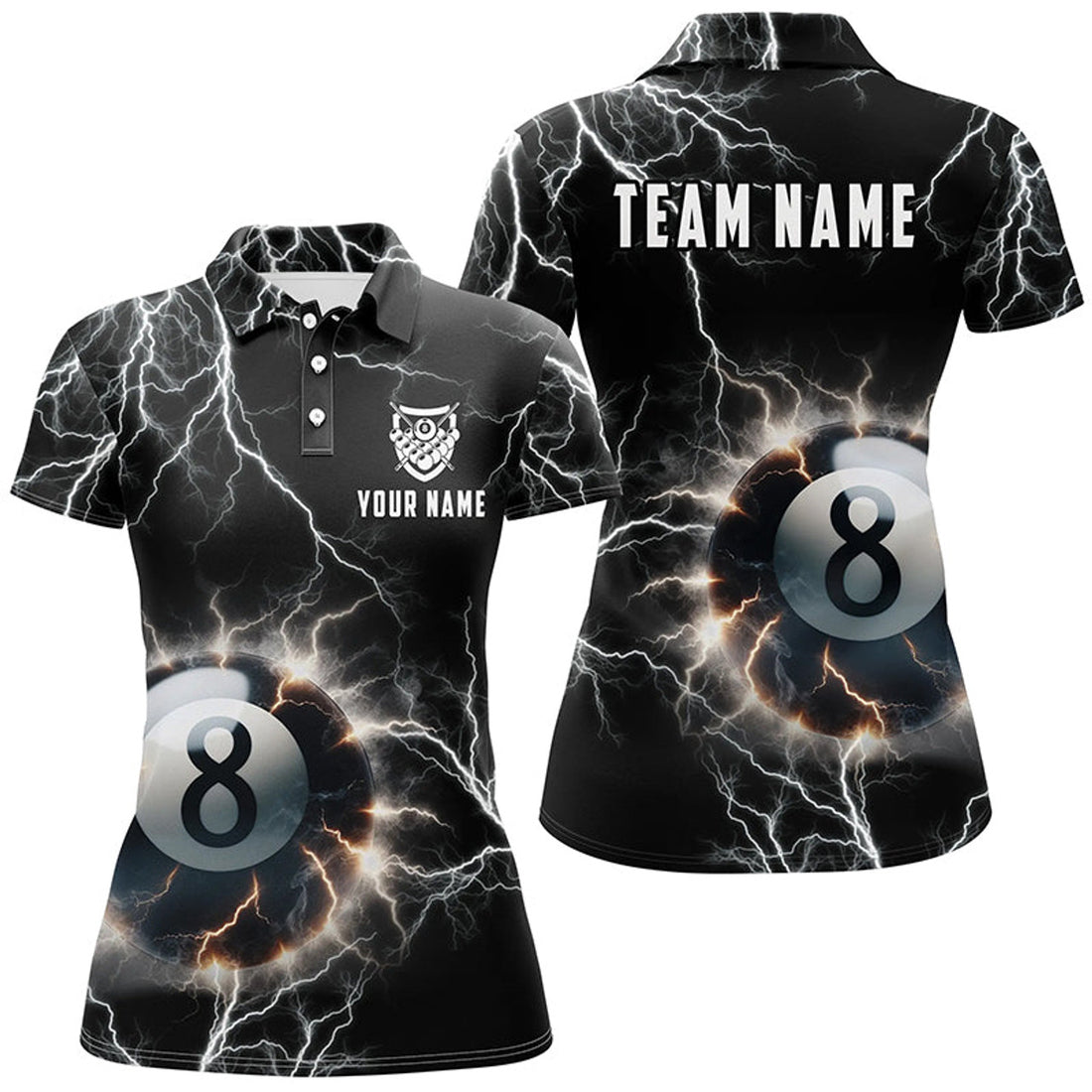 Custom Personalized Thunder Lighting 8 Ball Billiard 3D Polo Shirts For Women, Custom 8 Ball Pool Jerseys