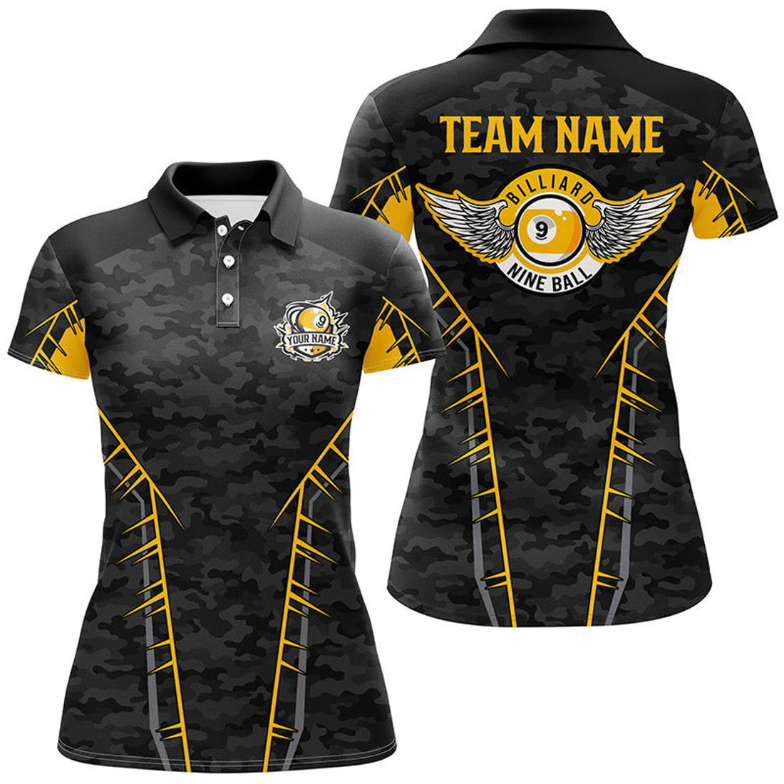 Custom Personalized Camo Yellow 9 Ball Pool Polo Shirts For Women, Custom Billiard 9 Ball Team Jerseys