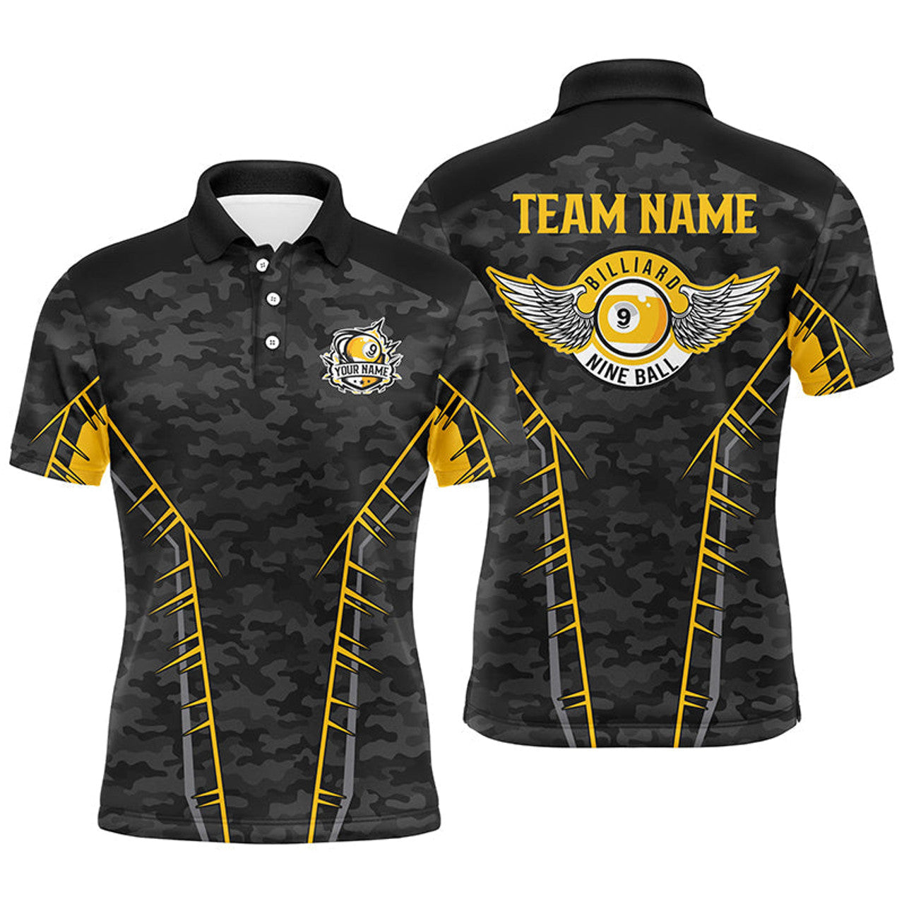 FUNSTUFFPRINT Personalized Camo Yellow 9 Ball Pool Polo Shirts For Men, Custom Billiard 9 Ball Team Polo Shirt Size S-5XL