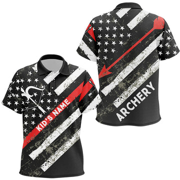 FUNSTUFFPRINT Personalized Grunge American Flag Bow Archery Polo Shirts For Kids, Custom Arrow Archery Polo Shirt Size S-5XL