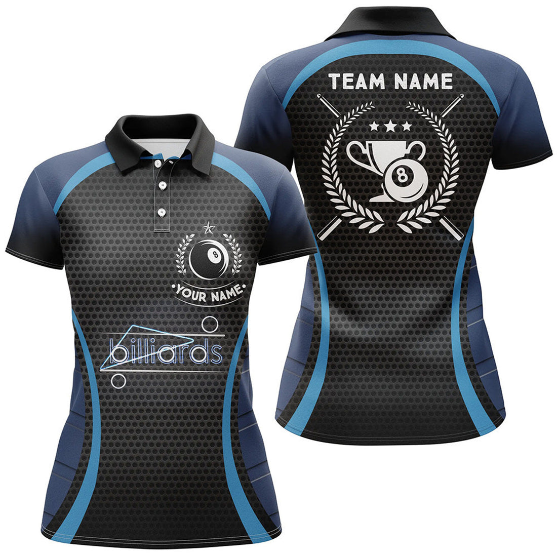 Custom Personalized Blue 8 Ball Pool Polo Shirts For Women, Custom Billiard 8 Ball Emblem Trophy Jerseys