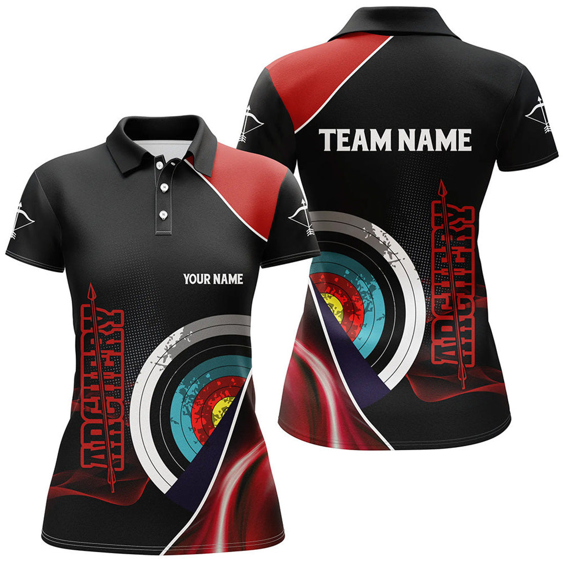 Custom Personalized 3D Targets Archery Polo Shirts For Women, Custom Red Black Arrows Archery Team Shirts