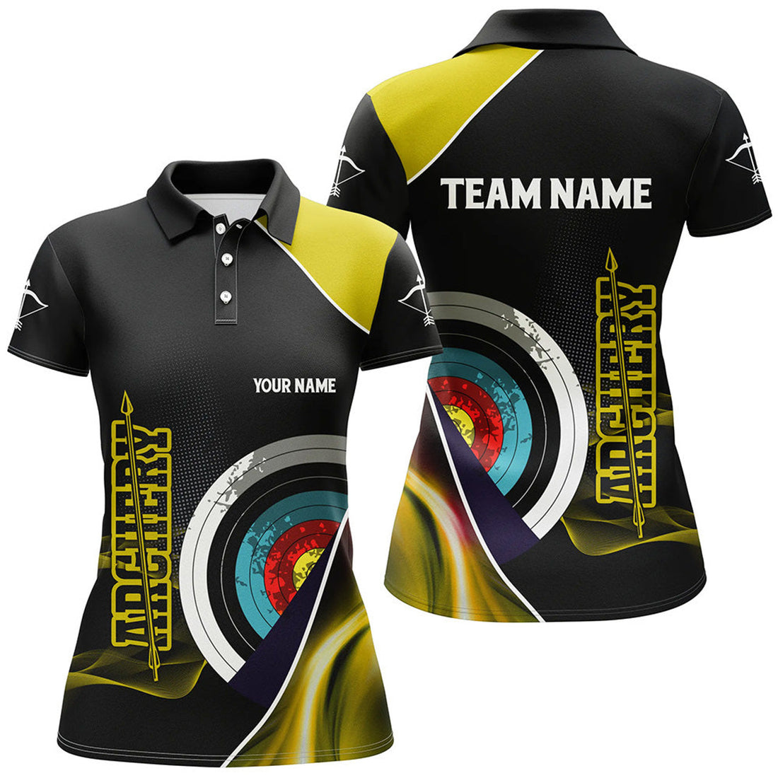 Custom Personalized 3D Targets Archery Polo Shirts For Women, Custom Yellow Black Arrow Archery Team Shirts