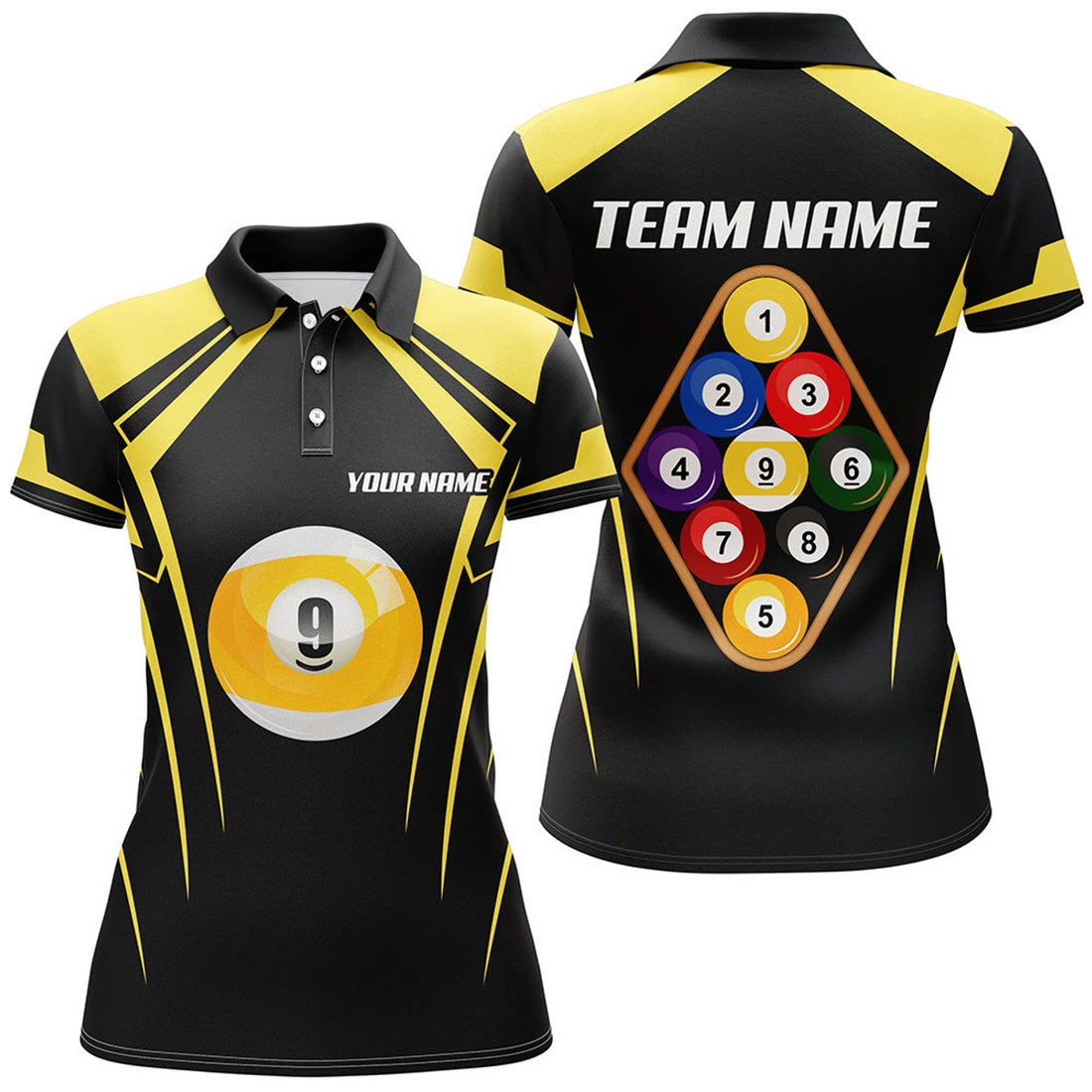 Custom Personalized Black Yellow 9 Ball Pool 3D Polo Shirts For Women, Custom Billiards 9 Ball Team Jerseys